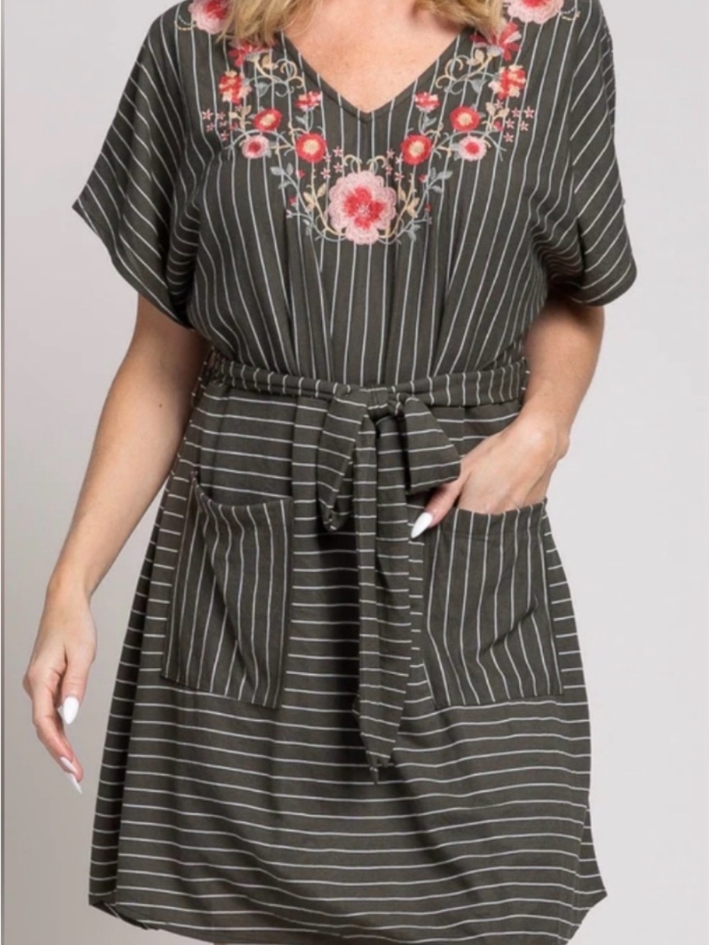 ANDREE BY UNIT Olive Green Striped V‑Neck Embroidered Tie‑Waist Dress